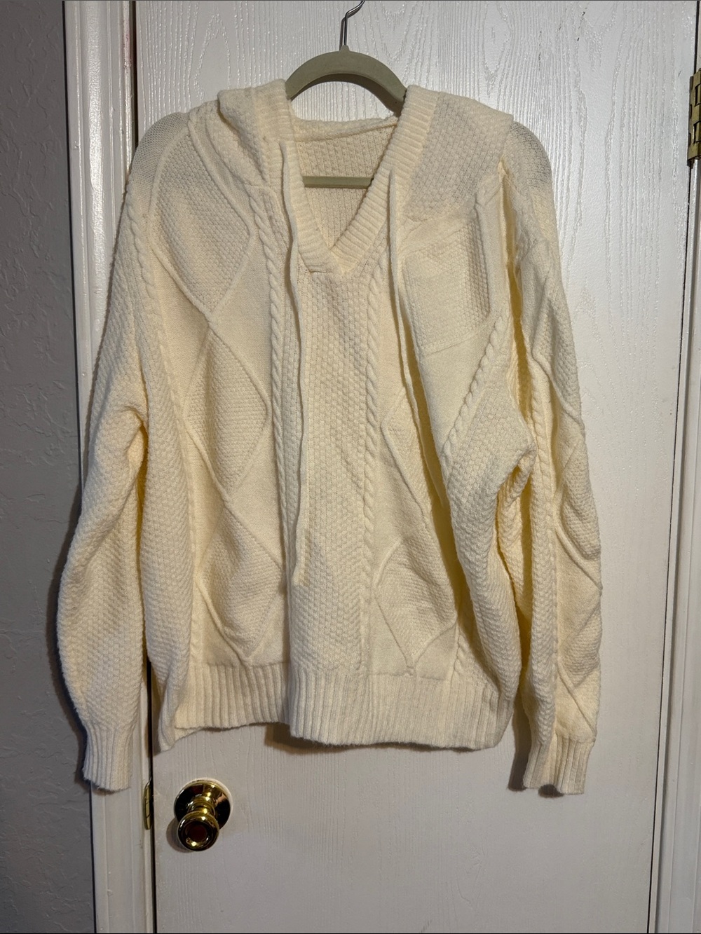 SHEIN Cream Cable-Knit V-Neck Hoodie Sweater